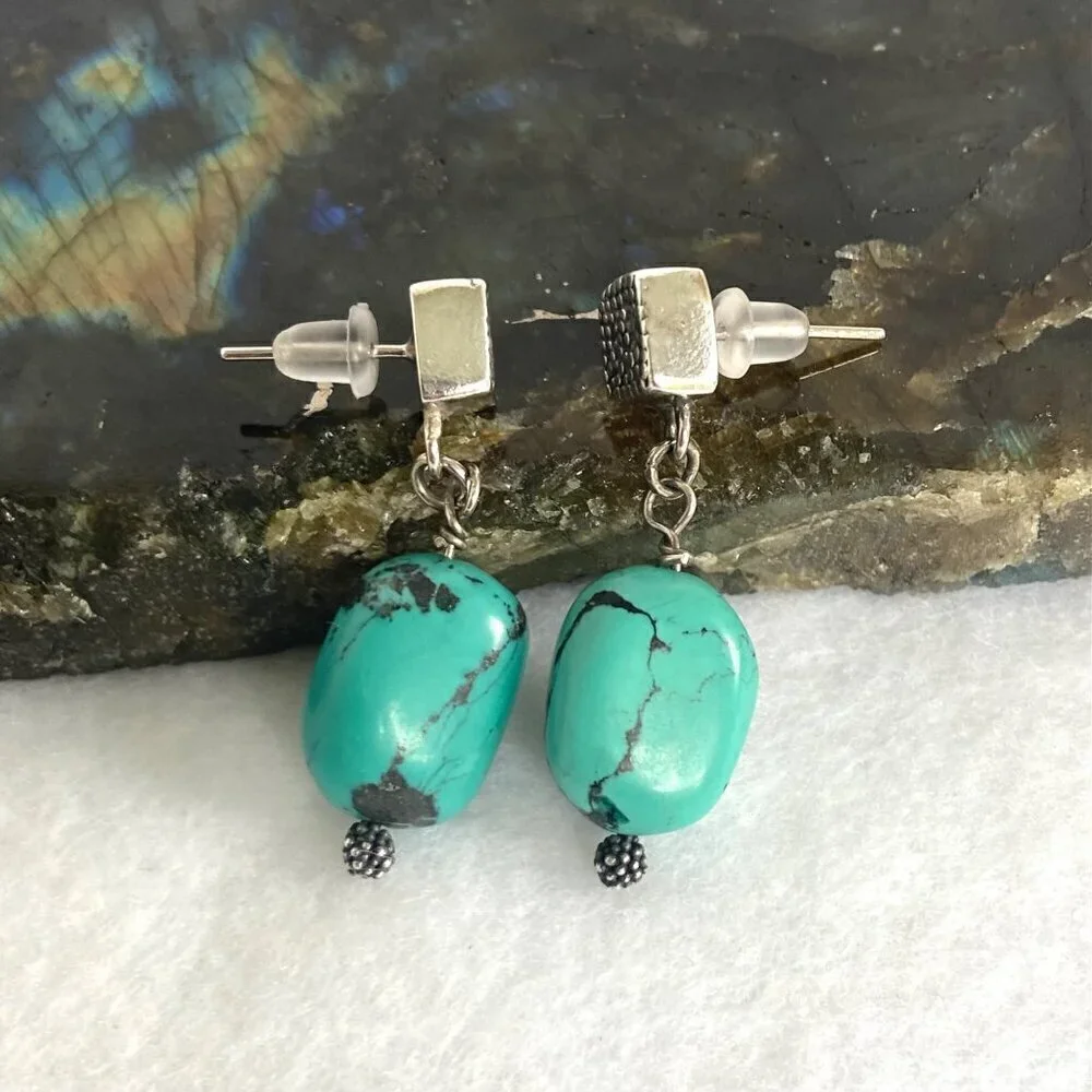 Sterling Silver 925 Southwest Style Beaded Turquoise Square Stud Dangle Earrings
